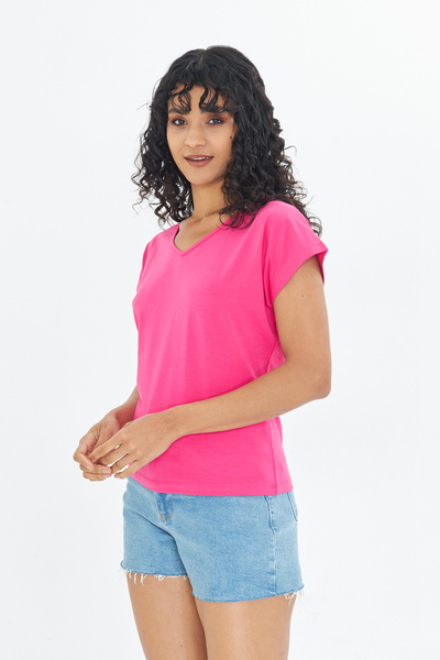 Moda Işık تيشيرت نسائي فوشيا برقبة على شكل حرف V - بدون أكمام