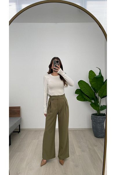 Nazline Women's Side Tie Button Detail Loose Leg Pants