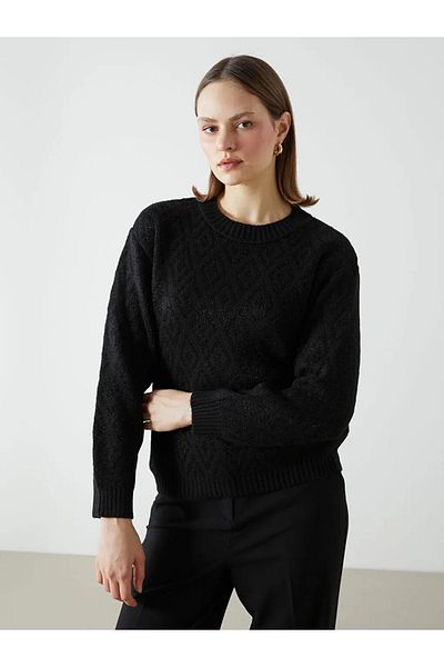 LC Waikiki LCWAIKIKI Pulover de tricotaj pentru femei, negru, clasic, cu decolteu rotund, cu model Argyle