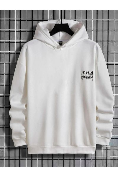 LİSY White No Pain No Gain Printed Oversize Hooded Sweatshirt