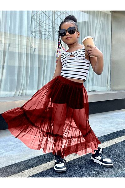 HSNLİFE Girl's Red Ruffled Tulle Combination Complementary Skirt