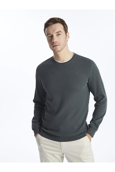 LC Waikiki سويت شيرت رجالي بأكمام طويلة وياقة دائرية باللون الأخضر الكلاسيكي ...