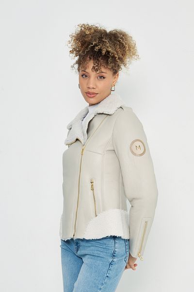 By Marki Marki Beige Women's Leather Jacket - 62 Cm, Genuine Curly Fur, Gold Detail Zip-Up - 116122