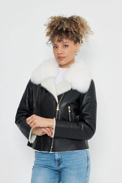 By Marki Marki Women's Black Leather Jacket - Biker Jacket, 62 Cm, Genuine Leather, White Fur Inside, Gold Zip -