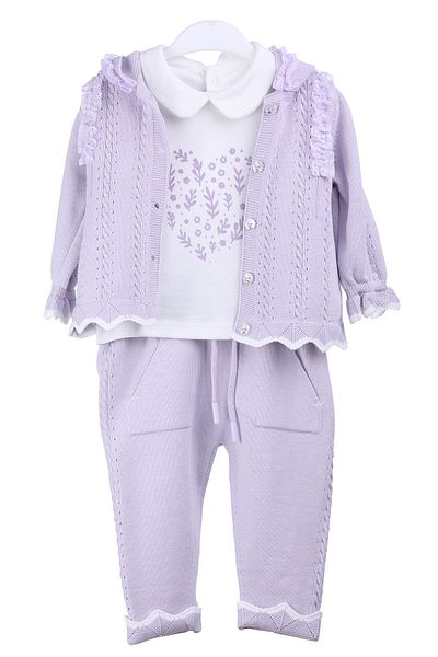 MİMBOKİDS Knitted Detailed 3-Piece Baby Girl Set - Cardigan, Trousers and Embroidered Baby Collar Body