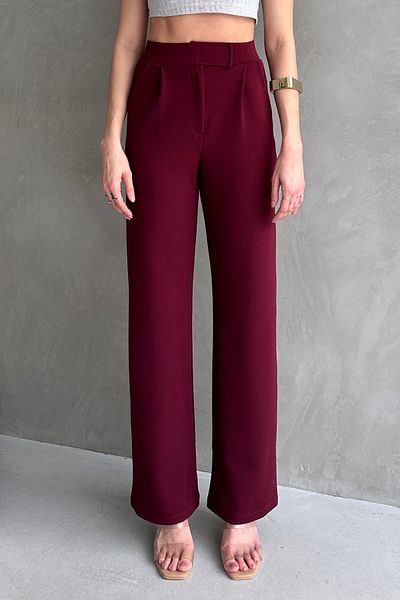 modavingo Women's Burgundy High Waist Elastic Waist Velcro Palazzo Fabric Trousers