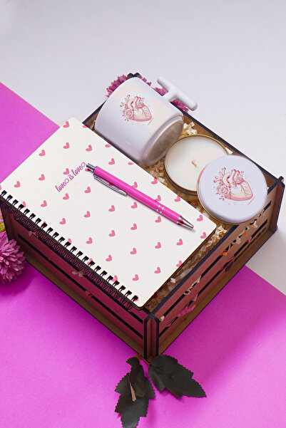 TrendHediye Sevgiliye 14 Mart Tıp Bayramı Hediye Seti & Ahşap Kutu, Defter, K...