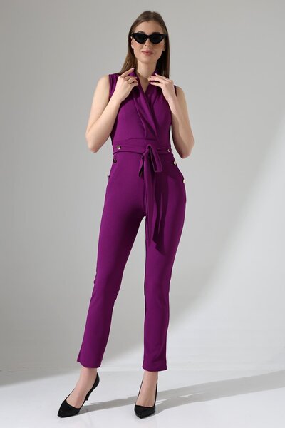 Deafox Mürdüm Gold Düğmeli Krep Kumaş Kendinden Kuşaklı Tulum