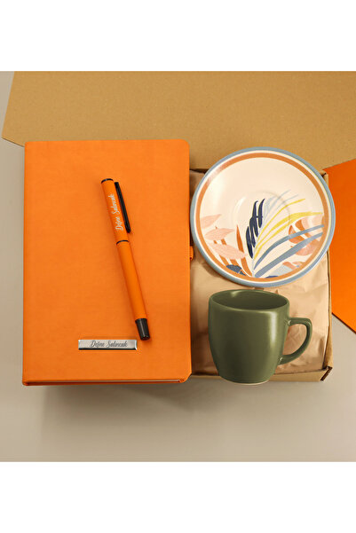 gagga Kişiye Özel Termo Deri Turuncu Defter & Turuncu Roller Kalem & Renkli K...