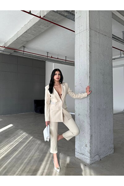 Female Clothing Bej Taş Detay Blazer Ceket Esnek Cepli Kemerli Pantolon Takım Elbise