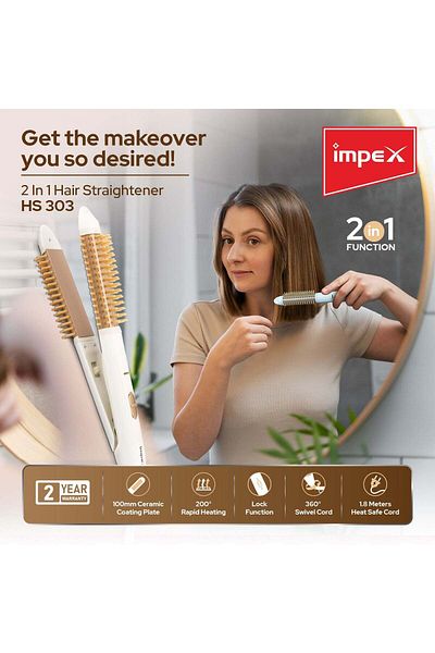 İMPEX مكواة فرد الشعر مطلية بالسيراميك، سلك دوار 360 درجة، مستويات حرارة، تحكم في درجة الحرارة 200 درجة