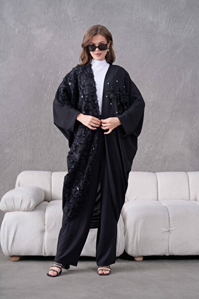 Miss Allos Kadın Önü Tül Çiçek Işlemeli Taş Detaylı Keten Kimono Ve Pantolon ...