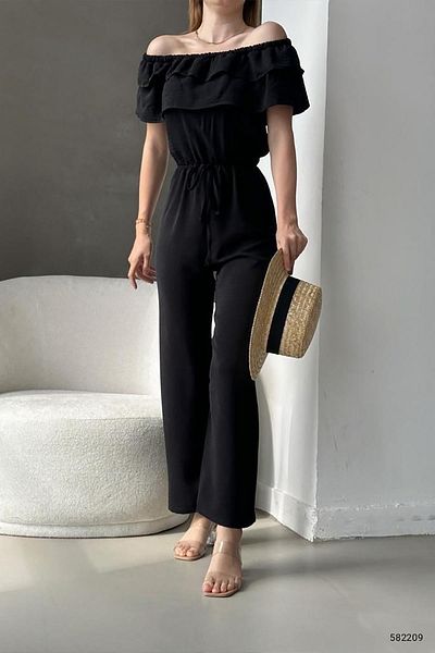 Deafox Black Ayrobin Fabric Frilly Women's Jumpsuit