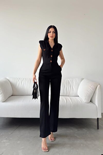 Deafox Salopetă din țesătură creponată importată cu buzunar negru cu centură