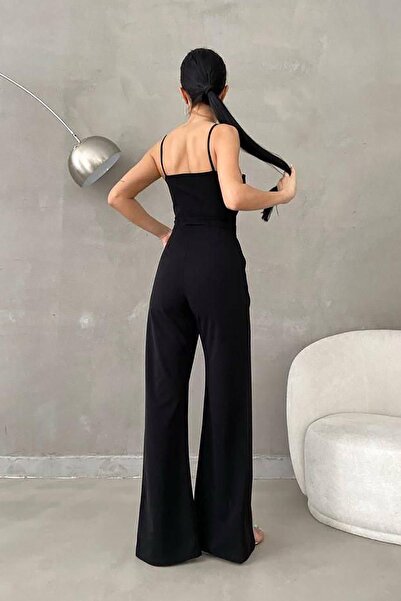 Deafox Black Crepe Fabric Jumpsuit with Hanging Neck and Slit Detail
