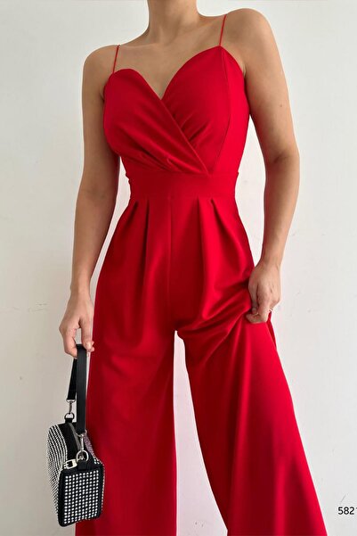 Deafox Red Double-breasted Collar Imported Crepe Fabric Jumpsuit