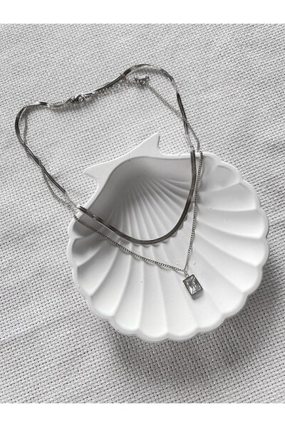 X-Lady Accessories Gümüş Renk İtalyan Bakla Zincirli Baget Taşlı Çelik Kolye ...