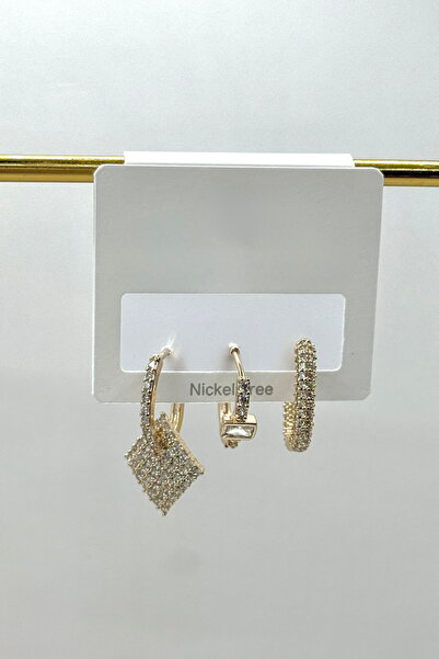 DEMOKAN Kadın Küpe İthal Özel Seri 3'lü Sallantı Kare Zirkon Taş Halka Kararmaz Küpe