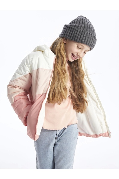 LC Waikiki Lcw Kids Mercan Kapüşonlu Renk Bloklu Kız Çocuk Şişme Mont