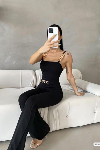 Deafox Black Front and Strap Chain Detail Imported Crepe Fabric Jumpsuit