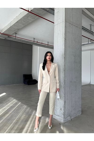 Female Clothing Beige Stone Detail Blazer Jacket Stretchy Pocket Belt Pants Suit