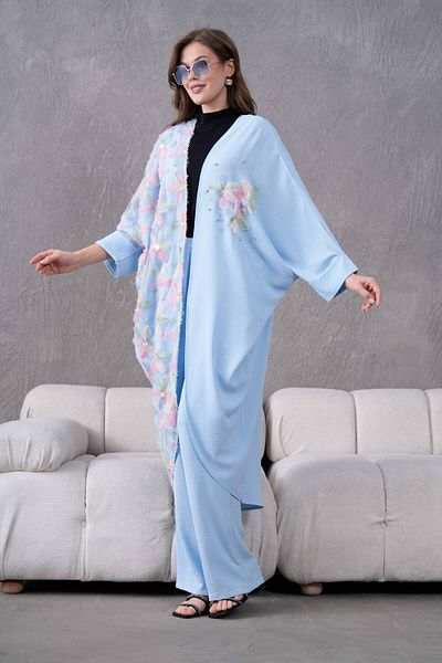 Miss Allos Set de kimono și pantaloni de in pentru femei, cu broderie florală din tul în față, cu detalii în piatră