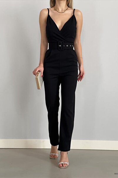Deafox Black Imported Crepe Fabric Belted Jumpsuit