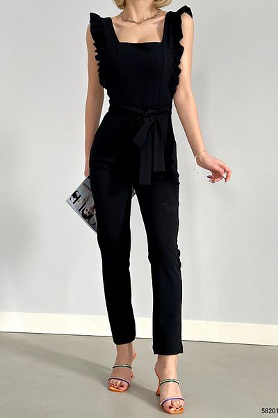Deafox Black Imported Crepe Fabric Collar Ruffle Jumpsuit