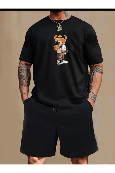 Medinenur Plush Bear Printed Black T-Shirt - Comfortable Fit, Short Wide Leg Set