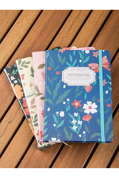 MUKKO HOME Floral Patterned Thick Cover Striped Elastic Notebook - 80 Sheets