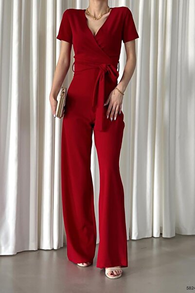 Deafox Kırmızı Kruvaze Yaka Kuşaklı Krep Kumaş Tulum