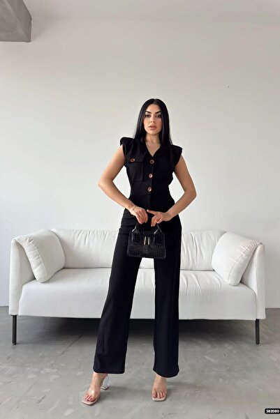 Deafox Salopetă din țesătură creponată importată cu buzunar negru cu centură