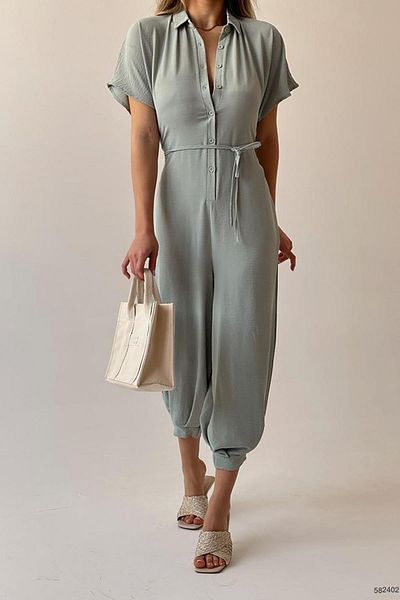 Deafox Mint Shirt Collar Buttoned Aerobin Fabric Jumpsuit