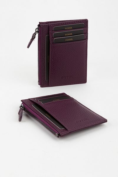 Fossil Boxed Genuine Leather Zipper Detailed Plum Unisex Hand Portfolio Card Holder Wallet