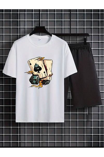 Medinenur Dice Printed T-Shirt Short Wide Leg Comfortable Fit Black Bottom Black Top Short Set