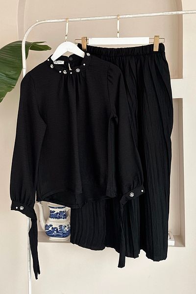 ButikMoor Mo308 Collar Stone Embroidered Black Suit