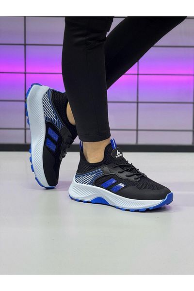 homiro Pantofi sport unisex pentru copii cu șireturi din polietilenă, negru-albastru