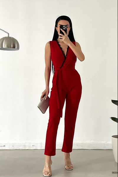 Deafox Red Lace Detailed Belted Imported Crepe Fabric Jumpsuit
