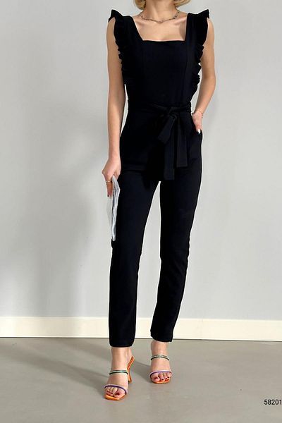 Deafox Black Imported Crepe Fabric Collar Ruffle Jumpsuit
