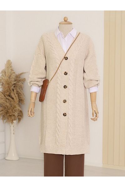 Modamorfo Buttoned Thick Knitted Cardigan with Hair Braid Detail