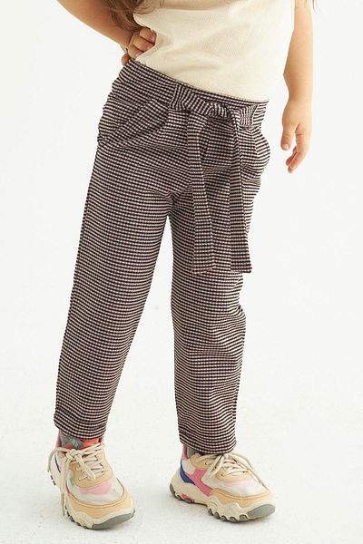 zepkids Plaid Patterned Belted Waist Black Powder Color Girls' Trousers