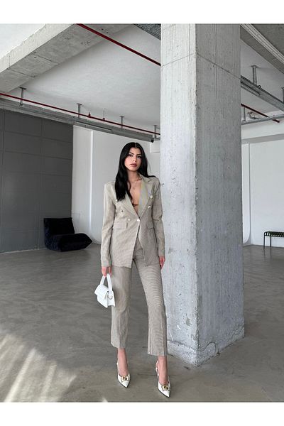 Female Clothing Asymmetrical Gingham Blazer Jacket with Belt High Waist Pocket Pants Suit