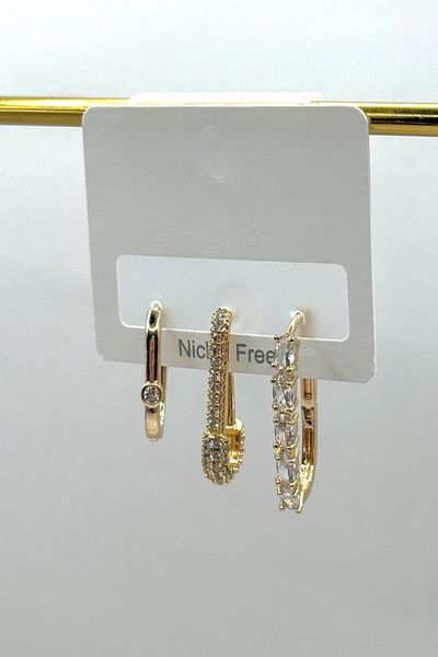 DEMOKAN Women's Earrings Imported Special Series 3-Piece Ellipse Hoop Zircon Stone Hook Non-Tarnish Earrings