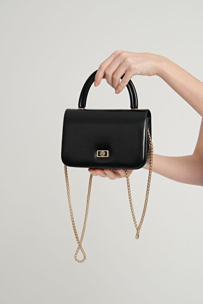 H&D COLLECTİON Women's Black Shiny Chain Strap Shoulder Bag