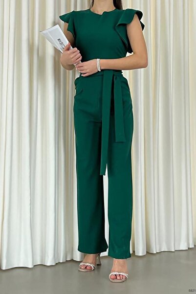 Deafox Ολόσωμη φόρμα με ζωνωτή πράσινη κρεπ υφασμάτινη φόρμα με μανίκια βολάν