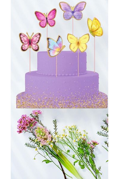 Ege Pastacılık Butterfly Themed Cake Decoration Figure Set Long Toothpick 6 Pieces