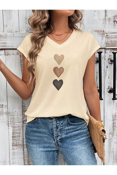 Deocept Tricou oversize casual cu decolteu în V cu imprimeu inimă pentru femei