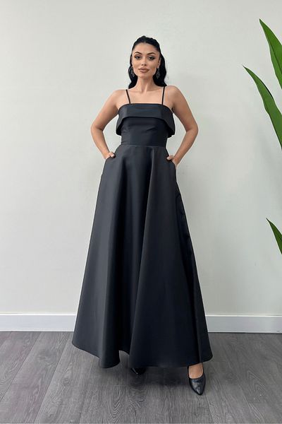 giyimmasalı Taffeta Satin Fabric Strap Evening Dress - Black