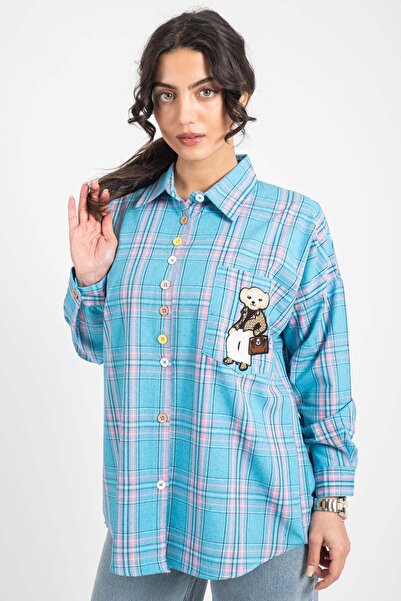 Hatun Atila HatunAtila 8761 Модель Синя картата сорочка - Вишивка ведмедик