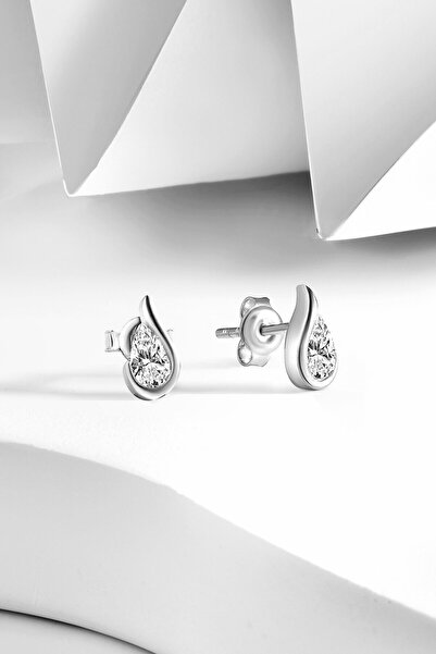 jelux silver Gümüş 925 Ayar Damla Zirkon Taşlı Çivili Küpe